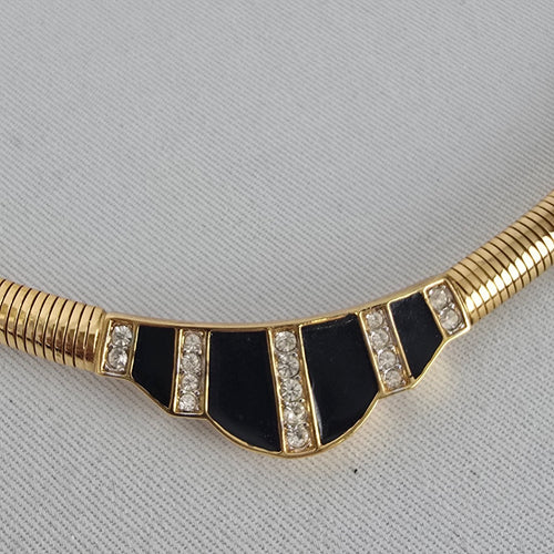 Nina Ricci Gold Tone Black Enamel Rhinestone Collar Necklace