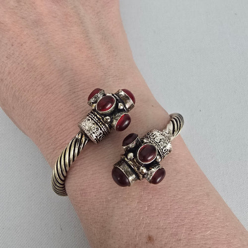 Silver Tone Twisted Cable Cuff Bracelet Red Cabochon Boho