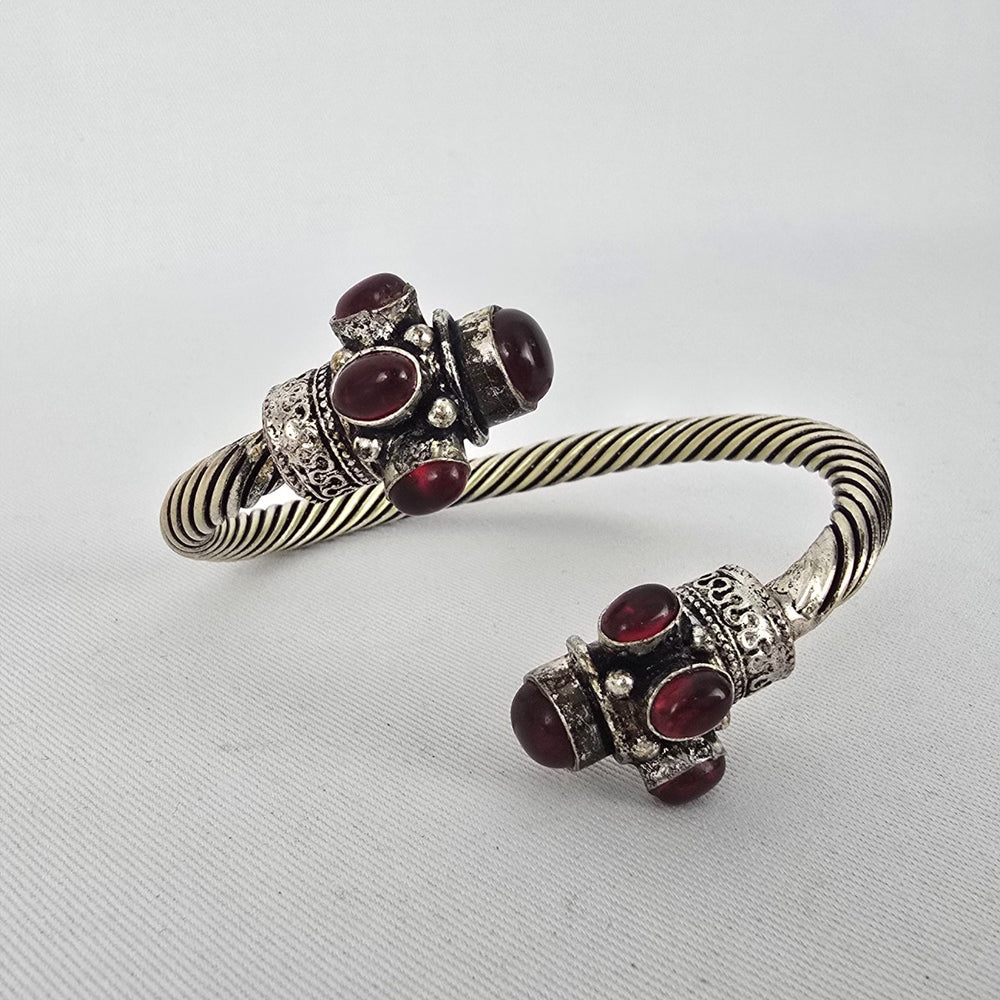Silver Tone Twisted Cable Cuff Bracelet Red Cabochon Boho