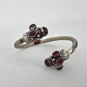 Silver Tone Twisted Cable Cuff Bracelet Red Cabochon Boho