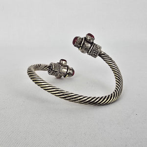 Silver Tone Twisted Cable Cuff Bracelet Red Cabochon Boho