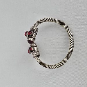 Silver Tone Twisted Cable Cuff Bracelet Red Cabochon Boho