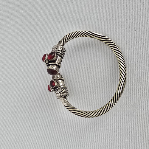 Silver Tone Twisted Cable Cuff Bracelet Red Cabochon Boho
