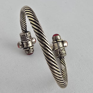 Silver Tone Twisted Cable Cuff Bracelet Red Cabochon Boho