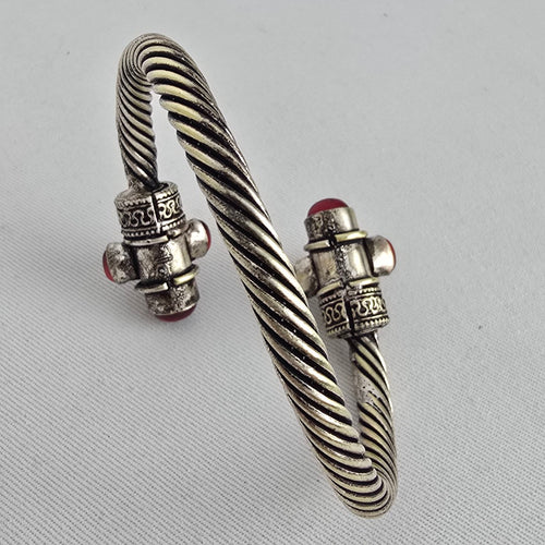 Silver Tone Twisted Cable Cuff Bracelet Red Cabochon Boho