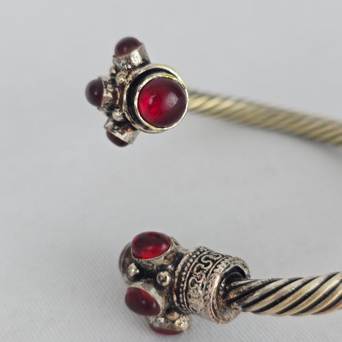 Silver Tone Twisted Cable Cuff Bracelet Red Cabochon Boho