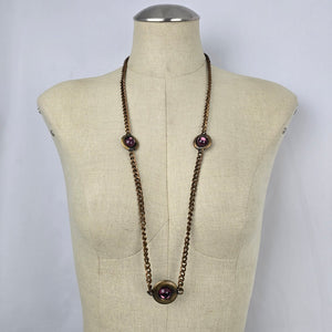 Vintage Brass Tone Purple Cabochon Station Necklace Boho