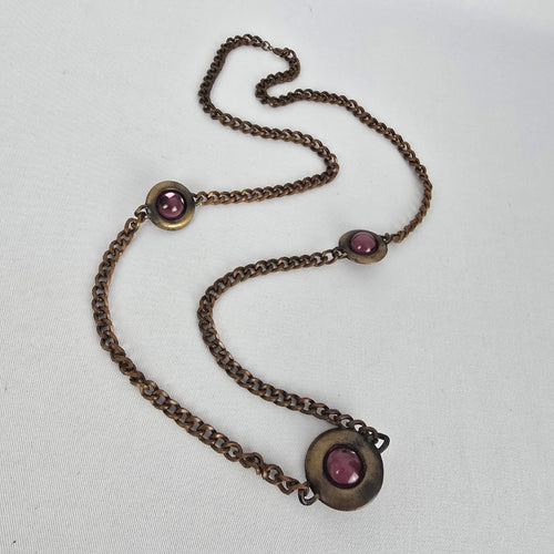 Vintage Brass Tone Purple Cabochon Station Necklace Boho