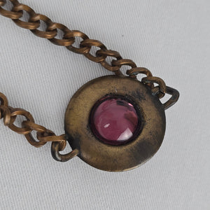 Vintage Brass Tone Purple Cabochon Station Necklace Boho