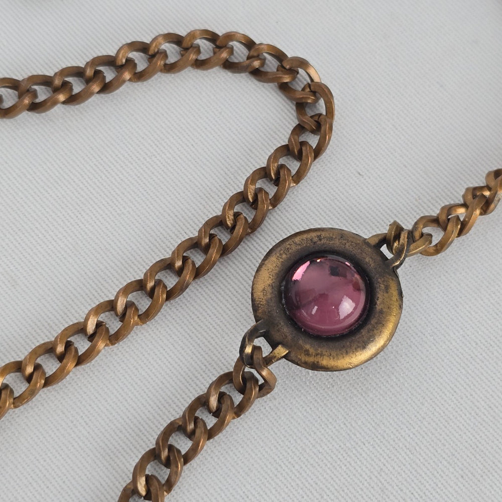 Vintage Brass Tone Purple Cabochon Station Necklace Boho