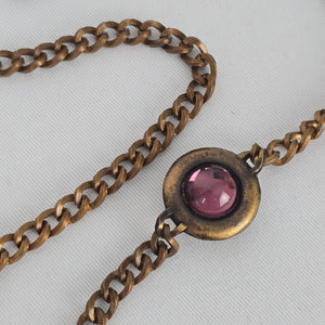 Vintage Brass Tone Purple Cabochon Station Necklace Boho