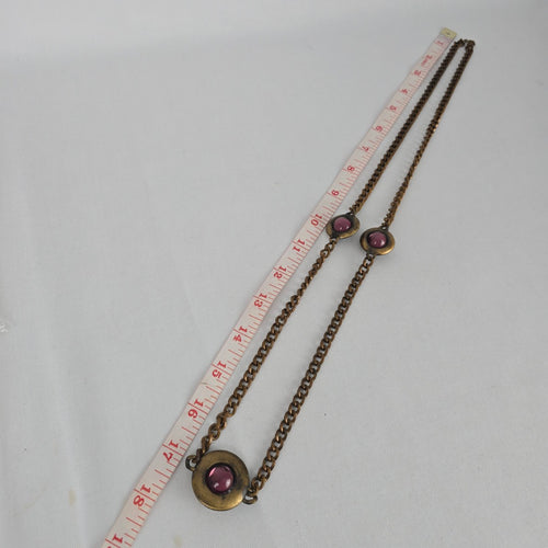Vintage Brass Tone Purple Cabochon Station Necklace Boho