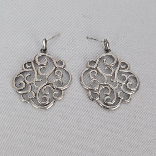 Sterling Silver 925 Open Scroll Filigree Dangle Earrings