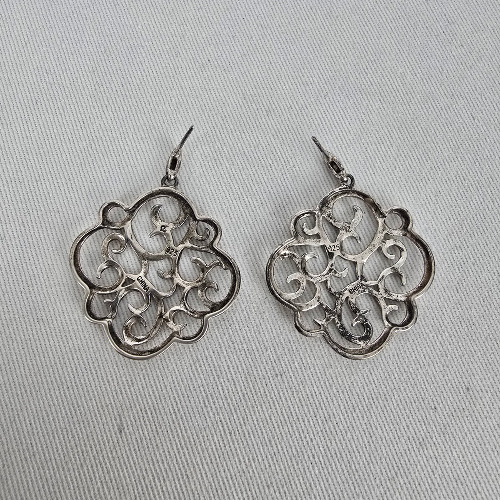 Sterling Silver 925 Open Scroll Filigree Dangle Earrings