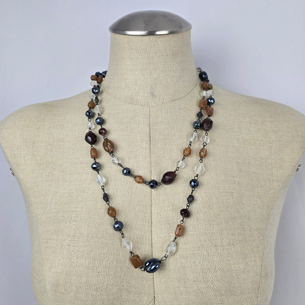 Multi Strand Beaded Necklace Smoky Blue Amber Cream Burgundy