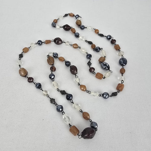 Multi Strand Beaded Necklace Smoky Blue Amber Cream Burgundy
