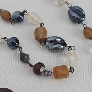 Multi Strand Beaded Necklace Smoky Blue Amber Cream Burgundy