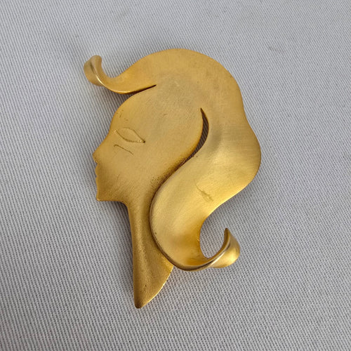 Vintage JJ Gold Tone Woman Profile Brooch Figural Face Pin