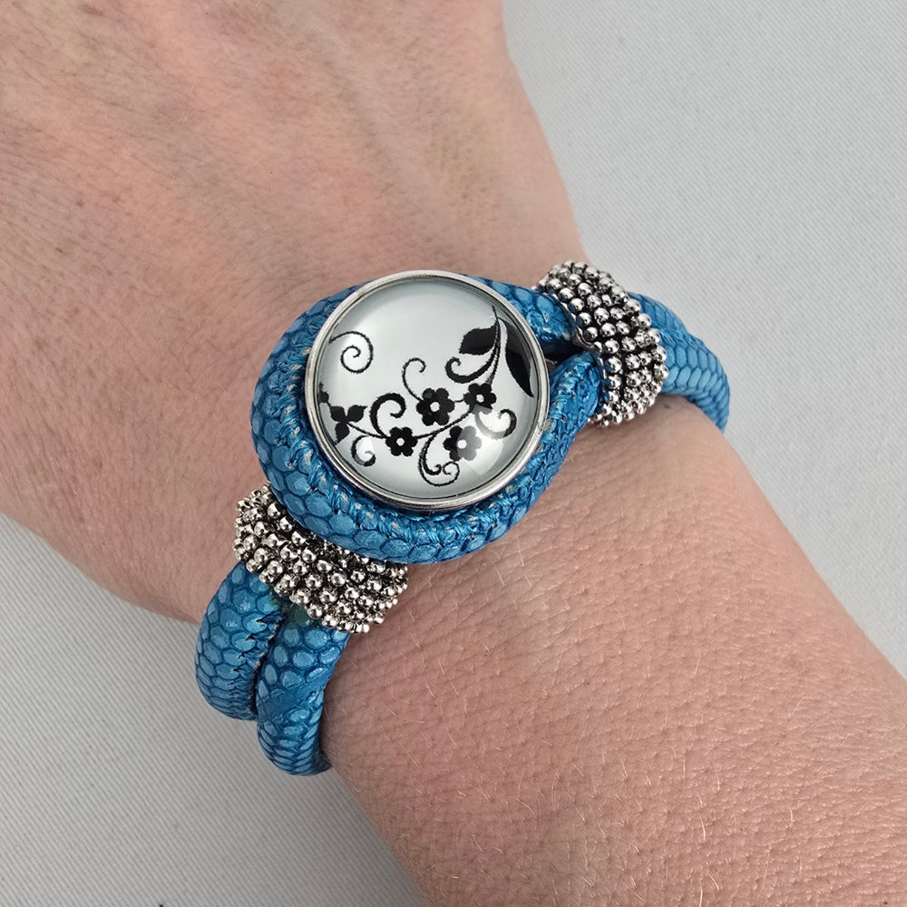 Blue Faux Snakeskin Snap Bracelet Interchangeable Charm Buttons