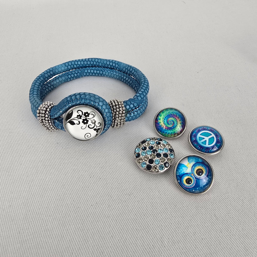 Blue Faux Snakeskin Snap Bracelet Interchangeable Charm Buttons