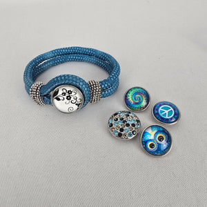 Blue Faux Snakeskin Snap Bracelet Interchangeable Charm Buttons