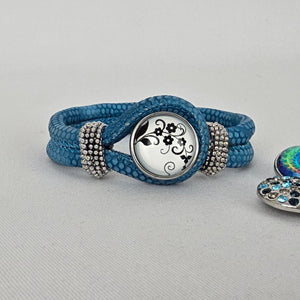 Blue Faux Snakeskin Snap Bracelet Interchangeable Charm Buttons