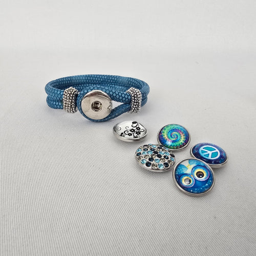 Blue Faux Snakeskin Snap Bracelet Interchangeable Charm Buttons
