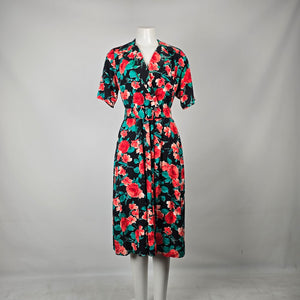 Vintage Black Floral Faux Wrap Midi Dress Belted Short Sleeve Size S/M