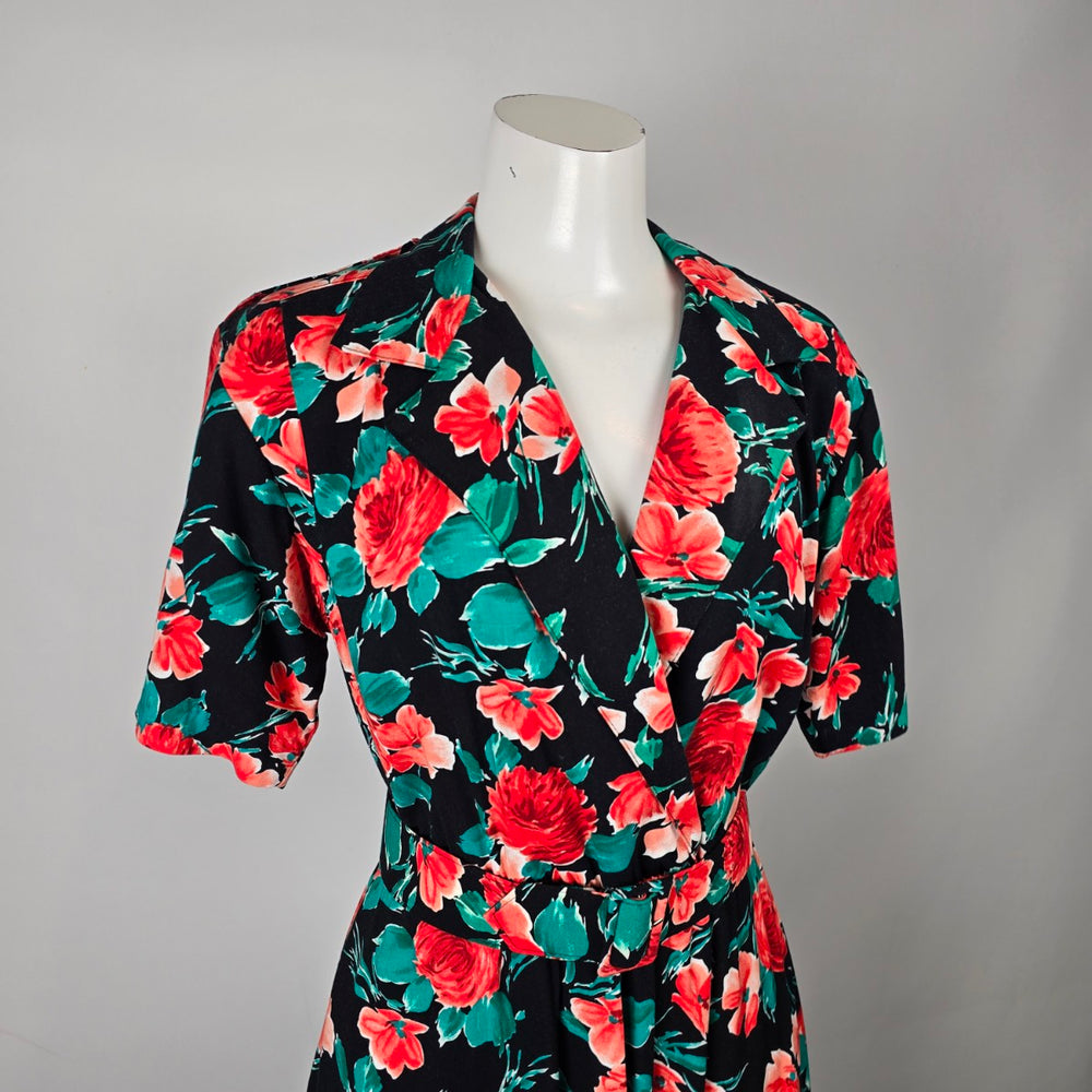Vintage Black Floral Faux Wrap Midi Dress Belted Short Sleeve Size S/M