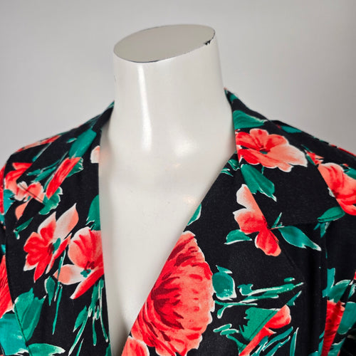 Vintage Black Floral Faux Wrap Midi Dress Belted Short Sleeve Size S/M