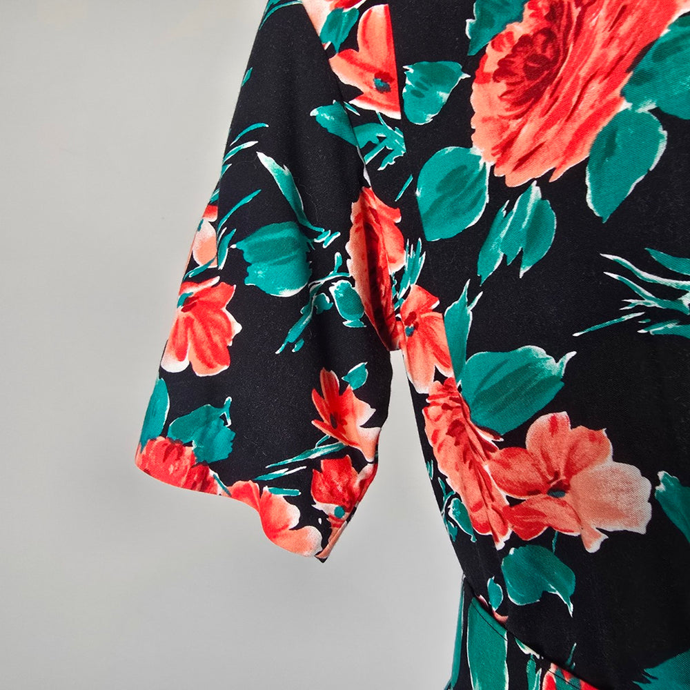 Vintage Black Floral Faux Wrap Midi Dress Belted Short Sleeve Size S/M