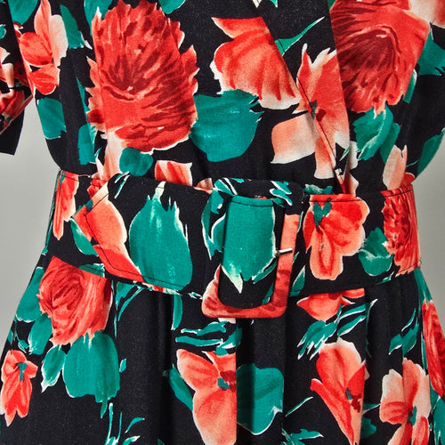 Vintage Black Floral Faux Wrap Midi Dress Belted Short Sleeve Size S/M