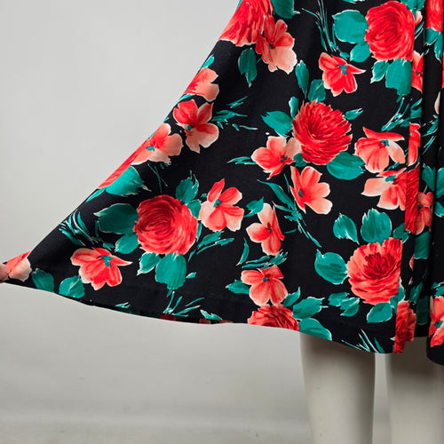 Vintage Black Floral Faux Wrap Midi Dress Belted Short Sleeve Size S/M