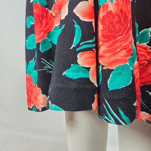 Vintage Black Floral Faux Wrap Midi Dress Belted Short Sleeve Size S/M