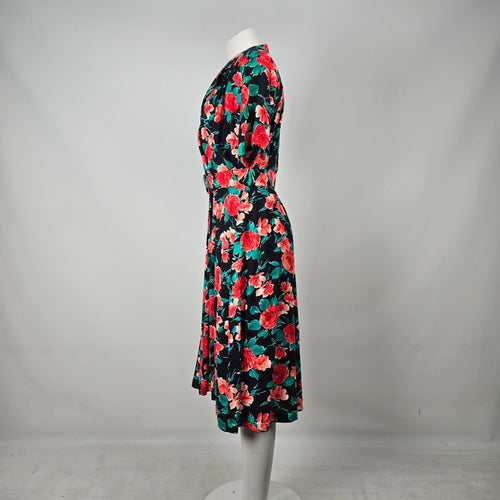 Vintage Black Floral Faux Wrap Midi Dress Belted Short Sleeve Size S/M