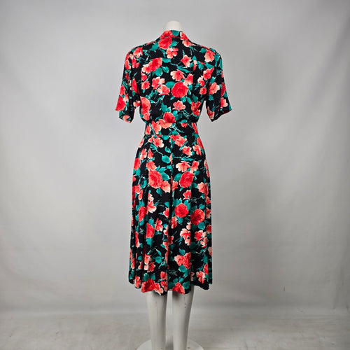 Vintage Black Floral Faux Wrap Midi Dress Belted Short Sleeve Size S/M