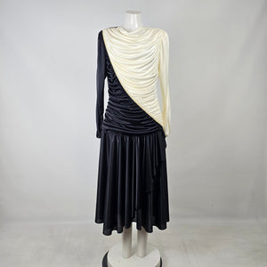 Vintage Lori Ann Black Ivory Draped Cocktail Dress Size 11/12