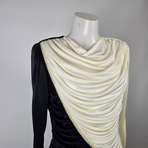 Vintage Lori Ann Black Ivory Draped Cocktail Dress Size 11/12