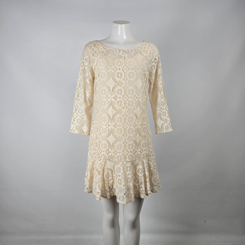 Free People Ivory Crochet Lace Overlay Tunic Dress Size S/M Boho Mini