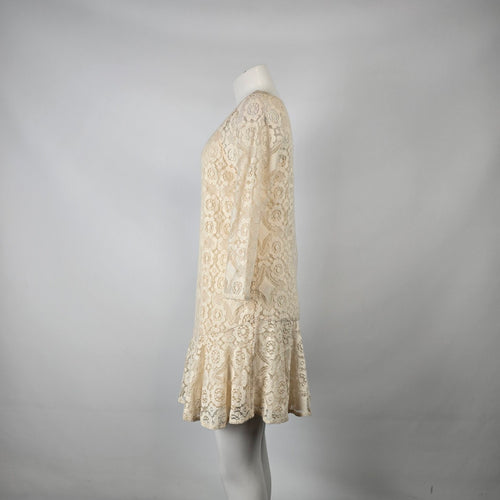 Free People Ivory Crochet Lace Overlay Tunic Dress Size S/M Boho Mini