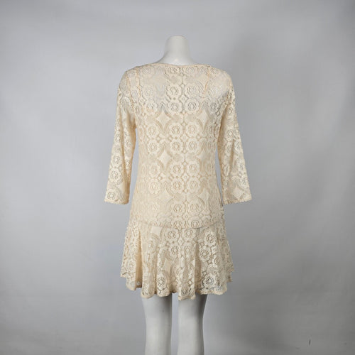 Free People Ivory Crochet Lace Overlay Tunic Dress Size S/M Boho Mini
