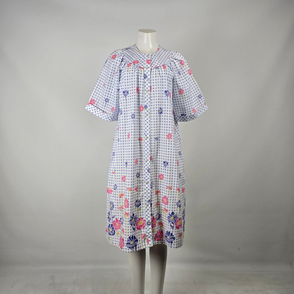 Vintage Sentiments Floral Plaid Button Front House Dress M