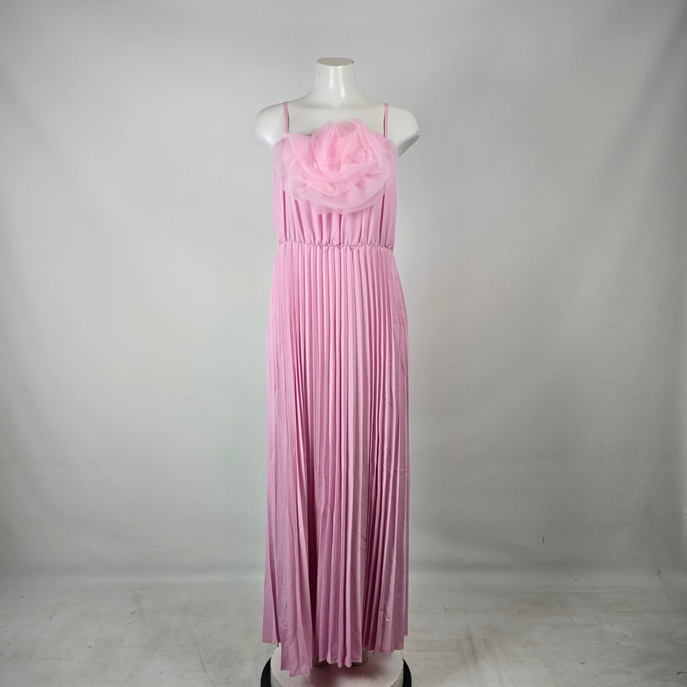 Pink Pleated Maxi Dress XL Rosette Chiffon Bodice