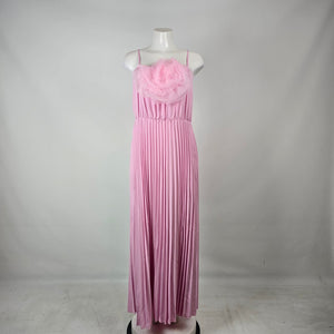 Pink Pleated Maxi Dress XL Rosette Chiffon Bodice