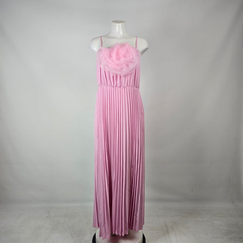 Pink Pleated Maxi Dress XL Rosette Chiffon Bodice