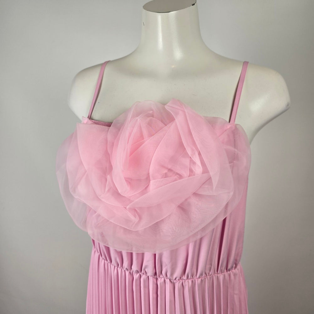 Pink Pleated Maxi Dress XL Rosette Chiffon Bodice