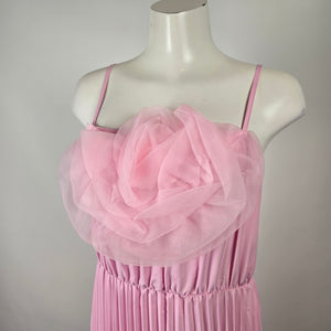 Pink Pleated Maxi Dress XL Rosette Chiffon Bodice