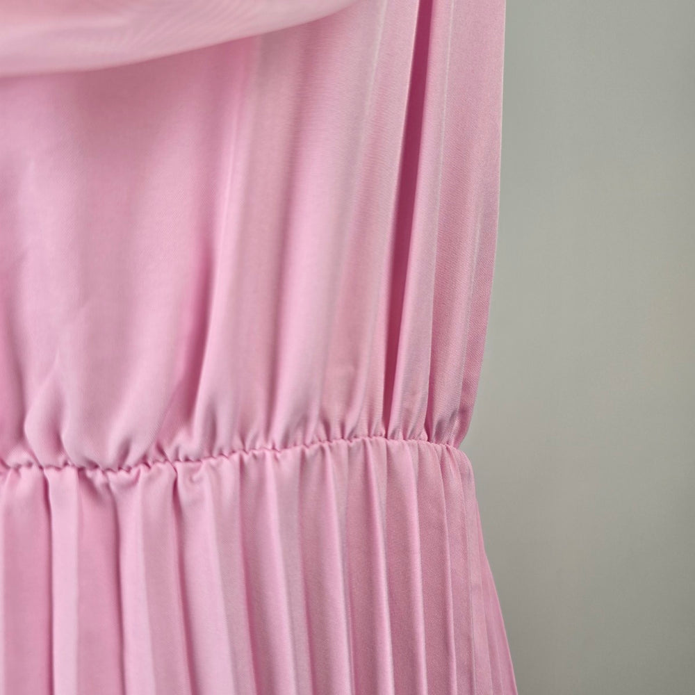 Pink Pleated Maxi Dress XL Rosette Chiffon Bodice