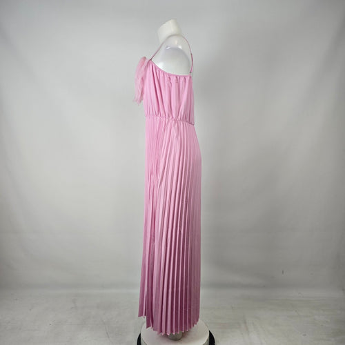 Pink Pleated Maxi Dress XL Rosette Chiffon Bodice