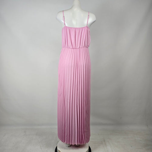 Pink Pleated Maxi Dress XL Rosette Chiffon Bodice